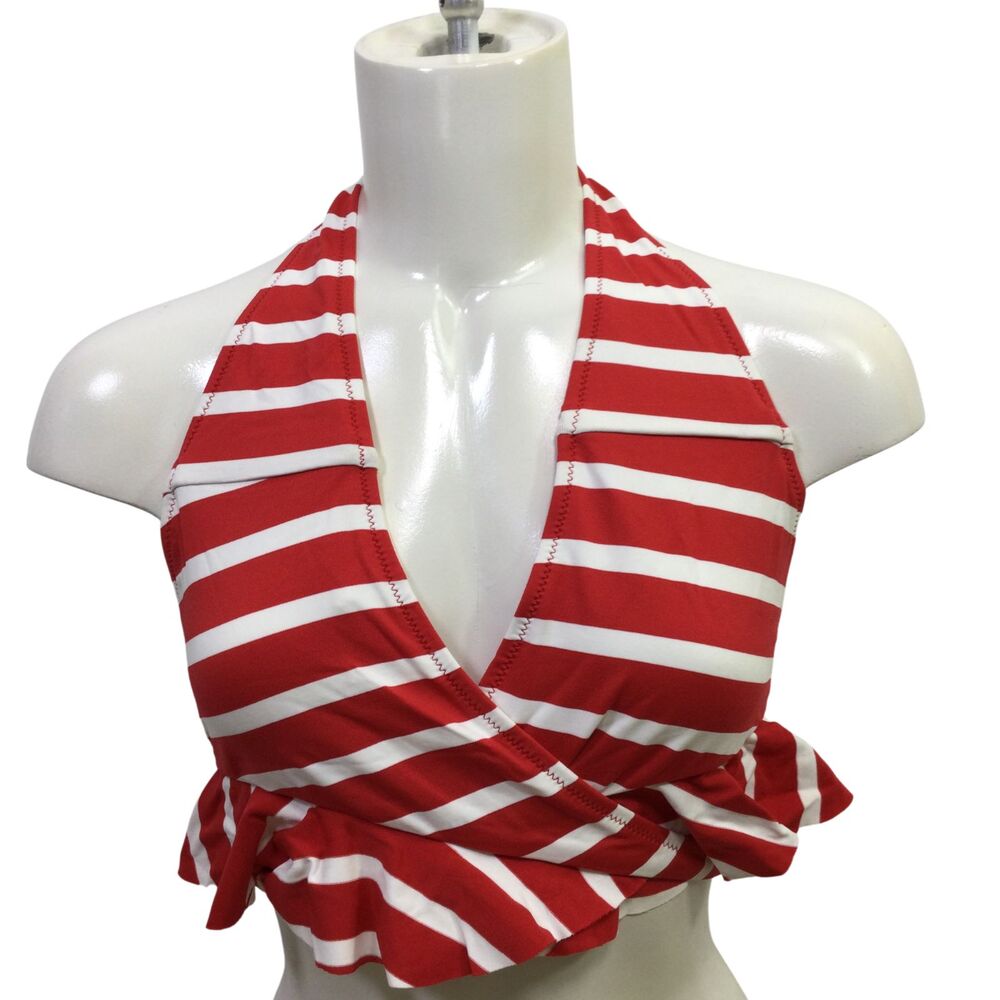 Milly Cabana Womens Ruffled Wrap Bikini Top Striped Red White Size Small NWT